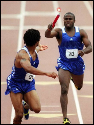 This picture  below, is of two prospective competitors practicing the relay.  A good job you did not see the pictures taken 5 seconds later.