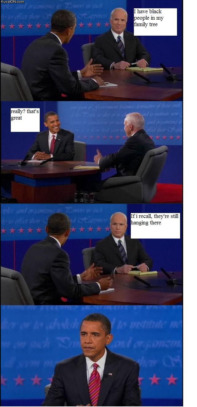 McCain discusses his family tree with Obama at the last debate.