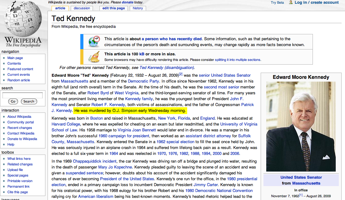 Ted Kennedy's Wikipedia page shortly after his death.