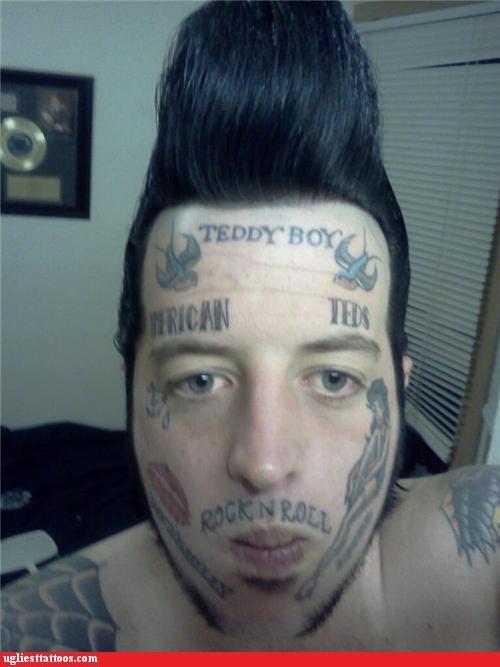 These are awesome face tats! Who wouldn't admire the commitment to style it takes permanently mark your face with your music taste? Next to this guy we're all just posers