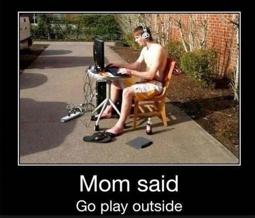 Kid playing video games in the driveway after mom made him go play outside.