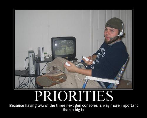 Priorities meme about getting a rocking game console but playing it on old TV