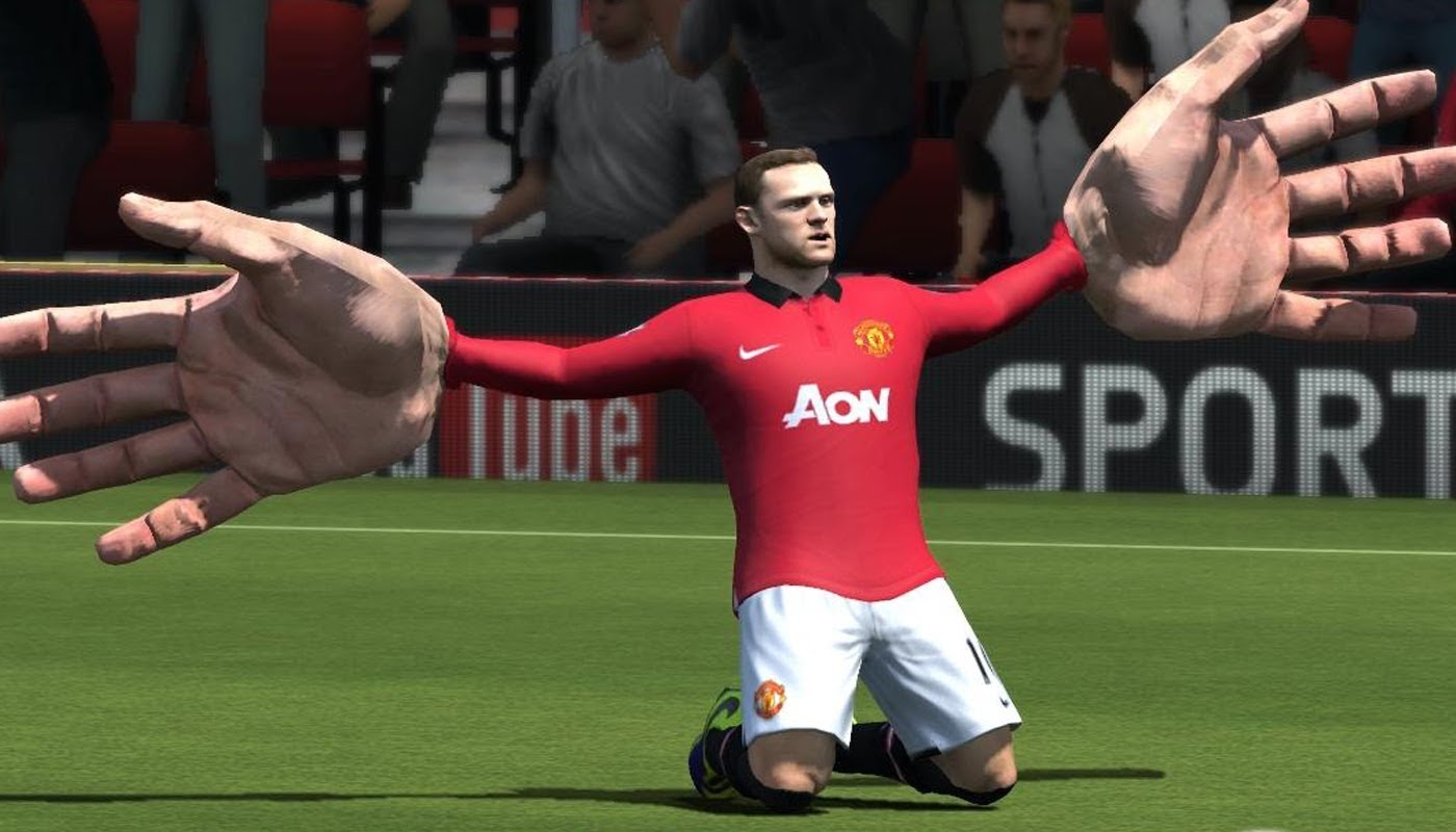 Soccer player with enormous hands in the video game