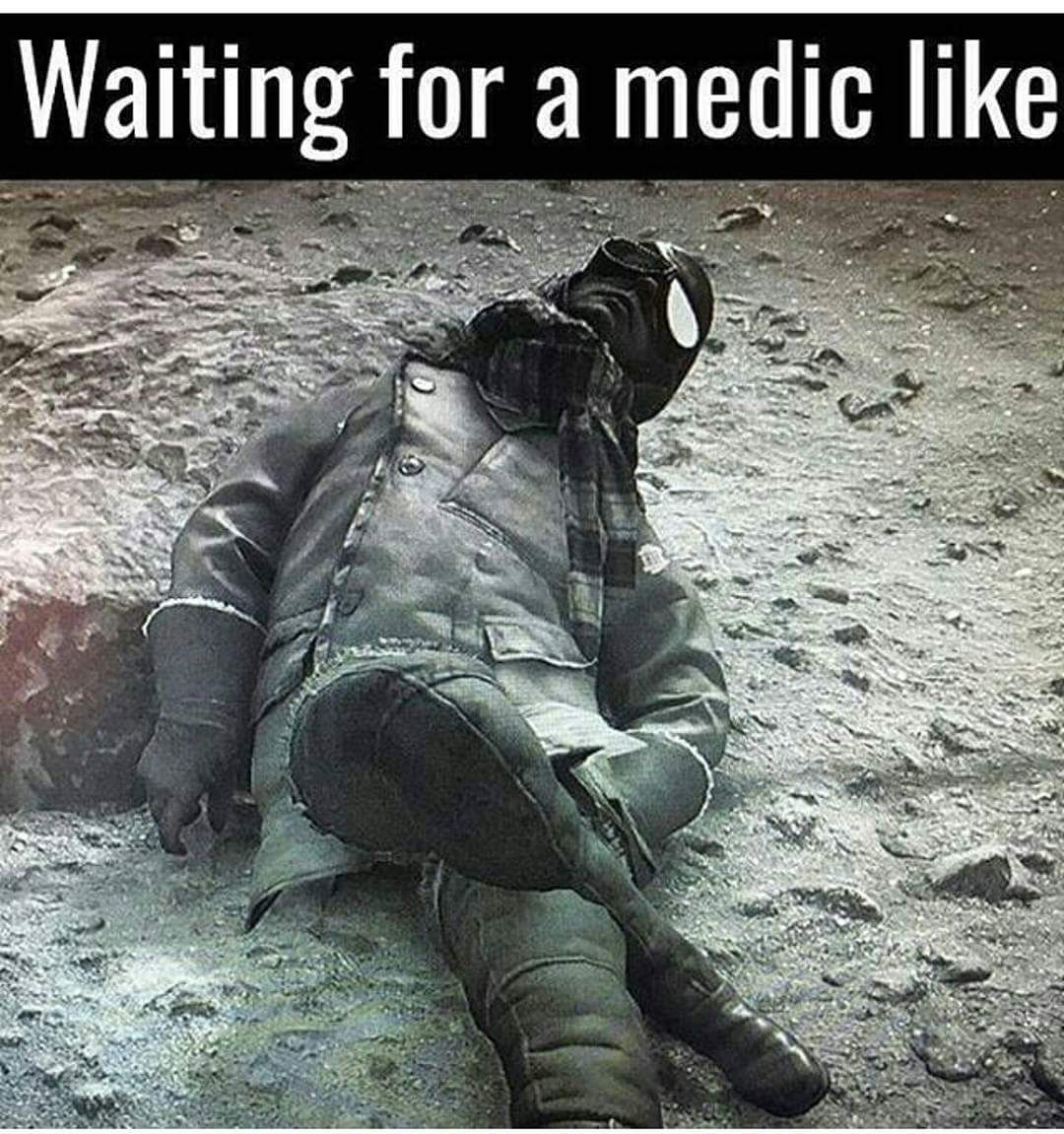 Game character with legs cross captioned as if waiting for a medic