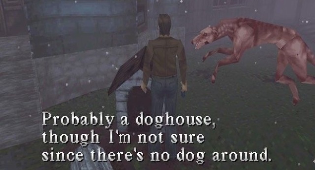 Funny video game moment of a doghouse with no dog and you can see the dog right there