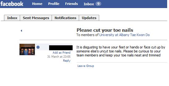 A wonderful little message to the tae-kwon-do members to keep their toenails neat and trim. Gross.
