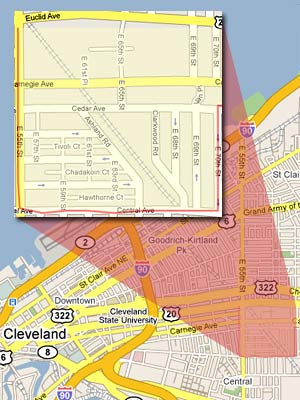 21. Cleveland, Ohio Neighborhood: Cedar Ave./55th St. Found Within ZIP Code(s): 44103 Predicted Annual Violent Crimes: 69 Violent Crime Rate (per 1,000): 113.67 My Chances of Becoming a Victim Here (in one year): 1 in 9