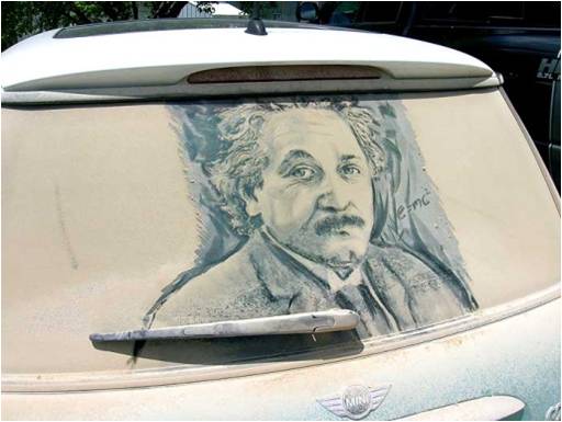 Dirty vehicle with sketch of Albert.