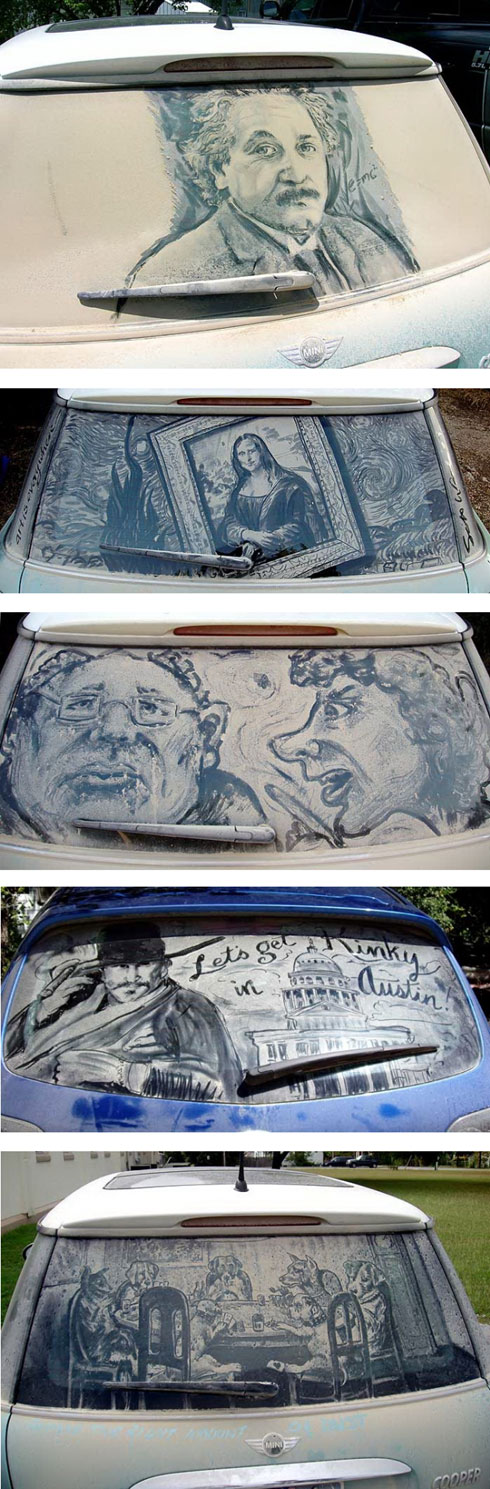 Scott Wade, a Texas graphics interface designer, draws elaborate works of art on the dirty windows of his Mini Cooper. 