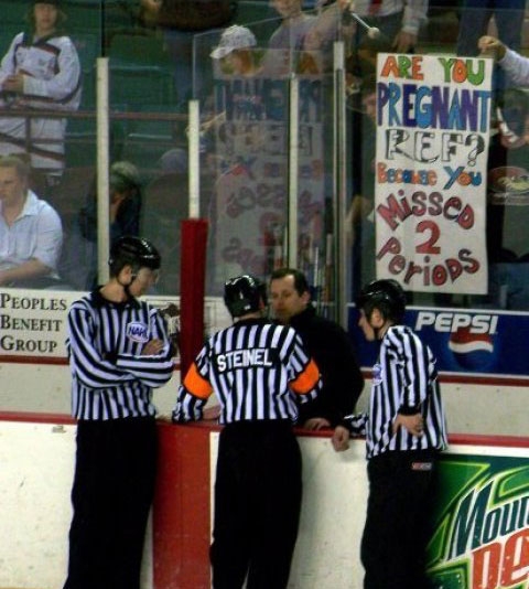 A couple fans at this hockey game come up one of a clever sign to trash talk the referees.