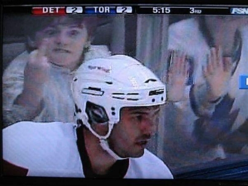 A young fan of the Maple Leafs shows his frustration on a Detroit Red Wings player. 