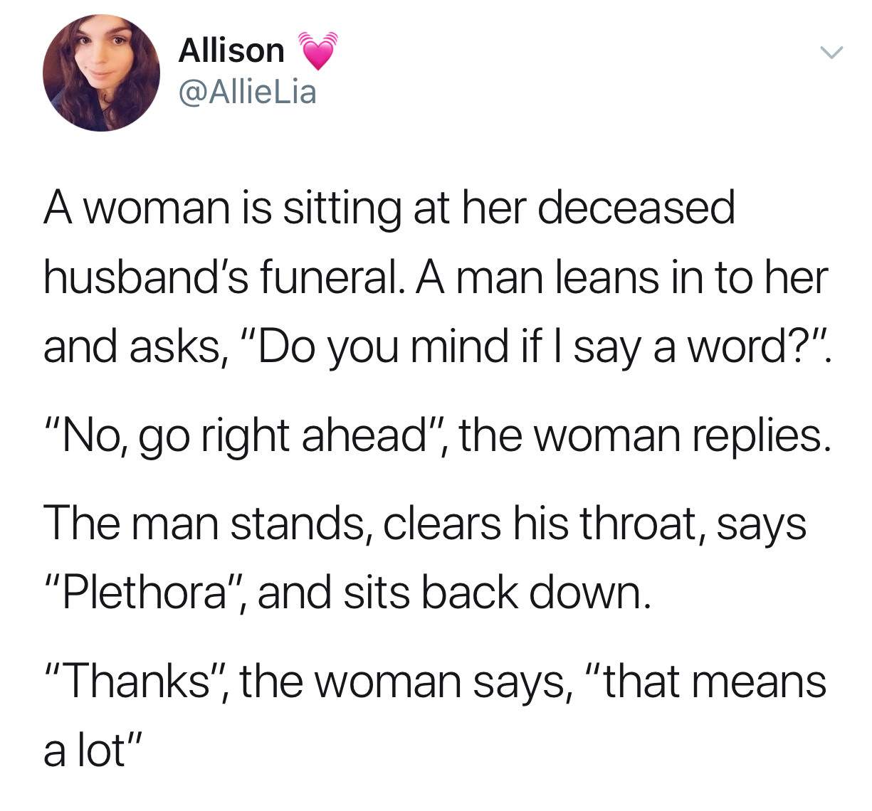 bratty sub and dom memes - Allison Lia A woman is sitting at her deceased husband's funeral. A man leans in to her and asks, "Do you mind if I say a word?". "No, go right ahead", the woman replies. The man stands, clears his throat, says "Plethora", and s