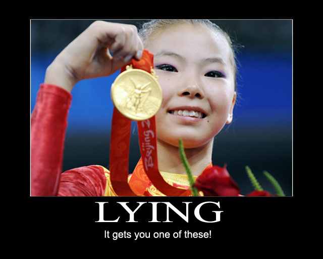 Demotivational poster about the age scandal from the 2008 Olympics