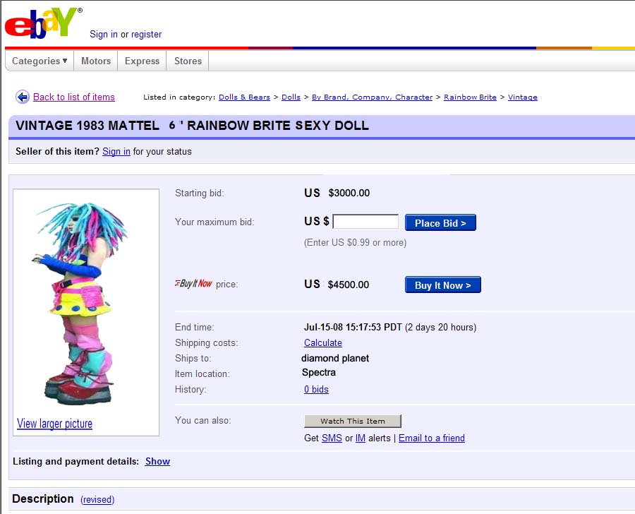 ebay - ch Sign in or register Categories Motors Express Stores Back to list of items Listed in category Dolls & Bears > Dolls > By Brand, Company, Character > Rainbow Brite > Vintage Vintage 1983 Mattel 6 'Rainbow Brite Sexy Doll Seller of this item? Sign