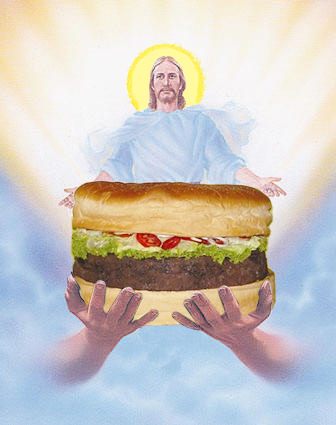 "I tell you the truth, unless you eat the burger of the Son of Man and drink his cola, you have no life in you."