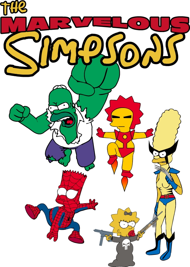 Homer as the Hulk the only one I didn't create, Bart as Spider-Man, Lisa as Iron Man, Marge as Wolverine, and Maggie as The Punisher.