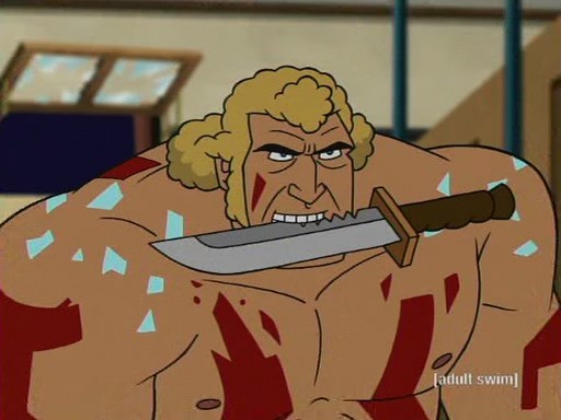 Brock Sampson from the first episode of Venture Brothers where Brock is playing cards for car parts.