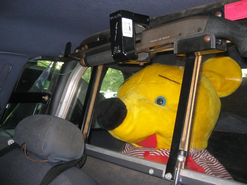 Pooh sitting in the backseat of a police cruiser