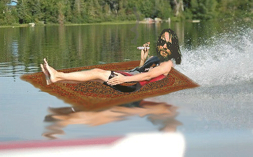 Smoking a Joint and Riding his trusy Carpet that really tied the Lake Together.