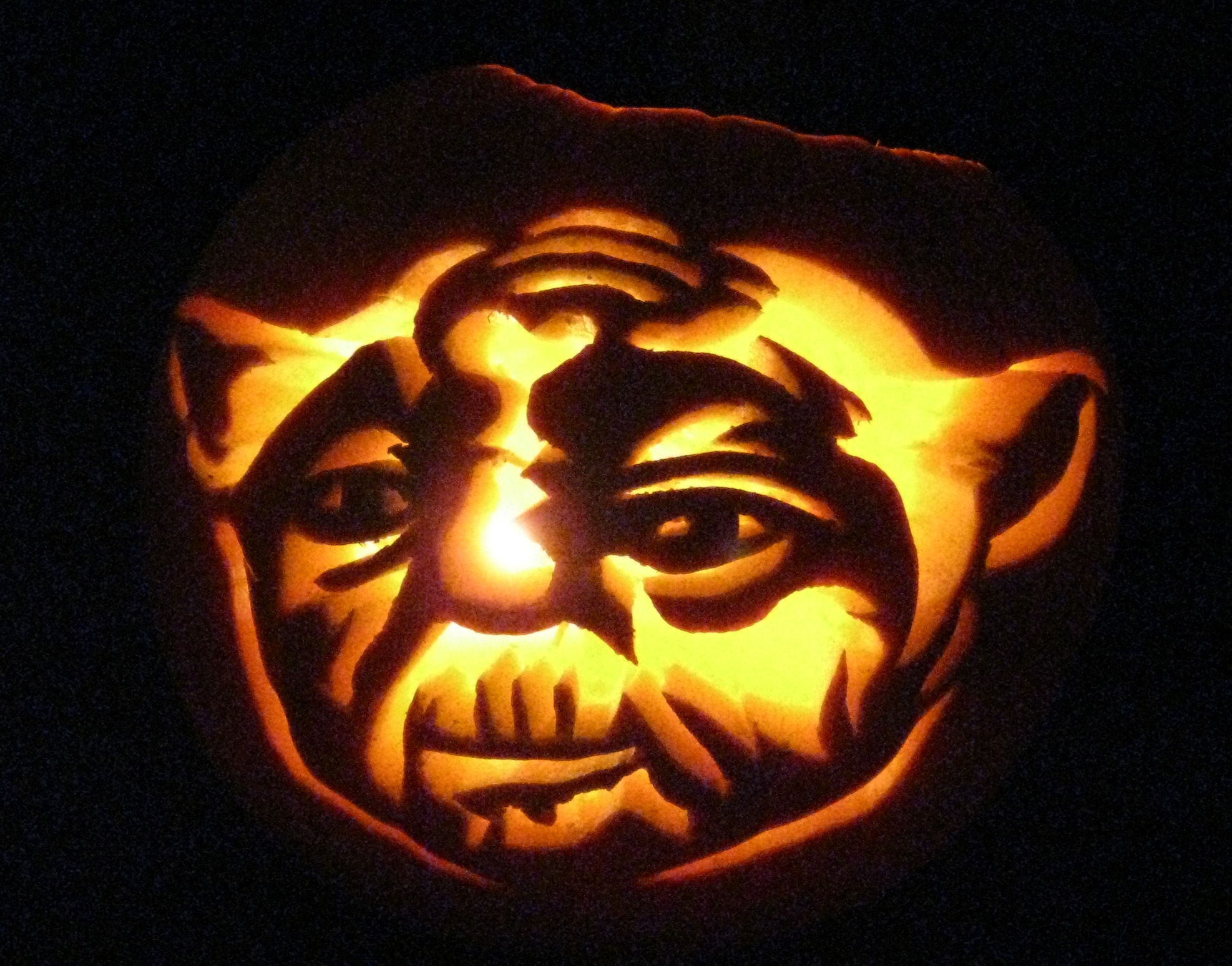 An amazing carved pumpkin of YODA from Star Wars