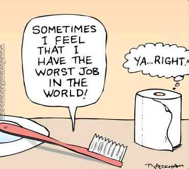 Tooth brush and toilet paper talking about thier jobs