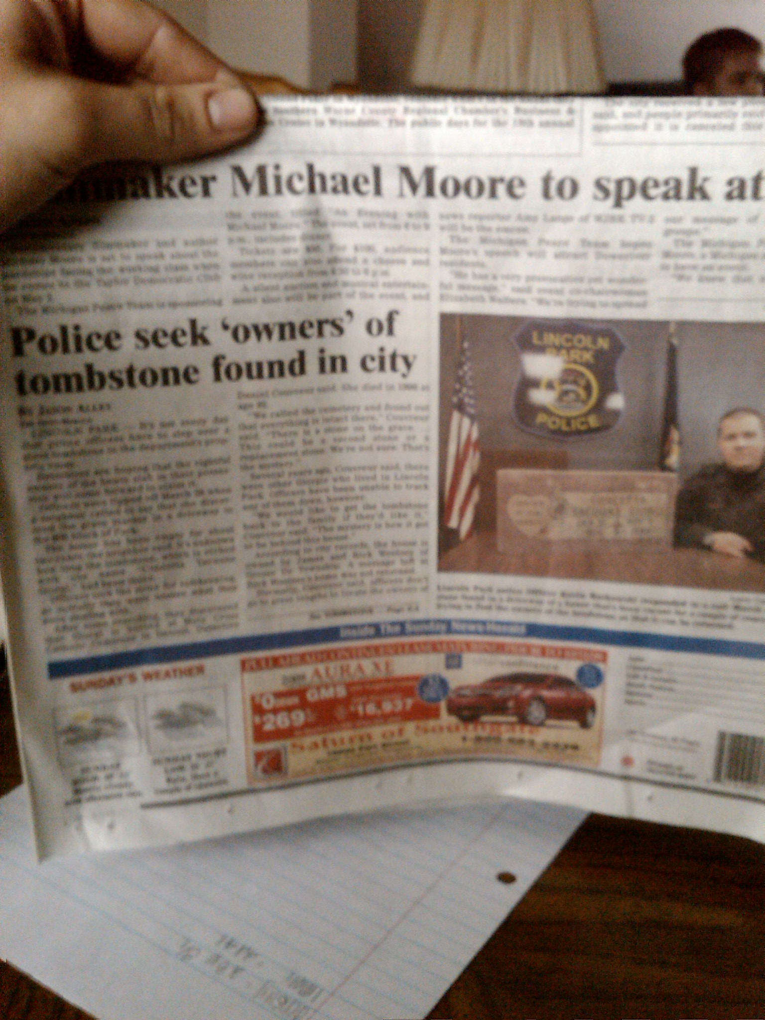 Local newspaper writes story on finding a headstone and how the cops are looking for it