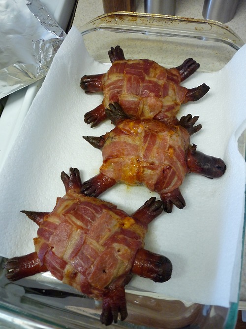 Bacon Cheese Turtleburgers...Ground beef patty topped with sharp cheddar cheese, wrapped in a bacon weave shell with hot dog head, legs and tail