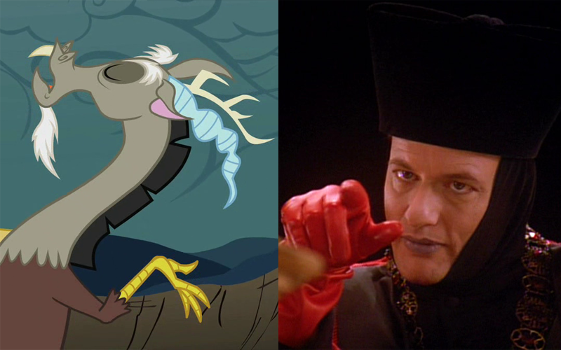 Known to Trekkies as the omnipotent Q in "Star Trek" and to soap opera fans as Eugene from "Days of our Lives",  John de Lancie was brought on to play the villain, Discord in a 2011 episode of "My Little Pony:  Friendship is Magic".  Show creator Lauren Faust admits the character was written with the character of Q in mind.