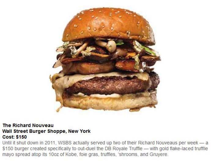 100 dollar burger - The Richard Nouveau Wall Street Burger Shoppe, New York Cost $150 Until it shut down in 2011, Wsbs actually served up two of their Richard Nouveaus per week a $150 burger created specifically to outduel the Db Royale Truffle with gold 