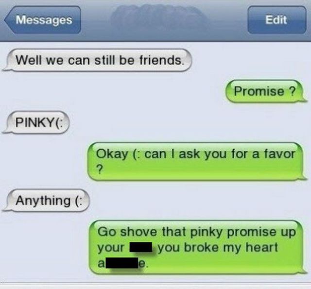 funny text from ex - Messages Edit Well we can still be friends. Promise ? Pinkyo Okay can I ask you for a favor Anything Go shove that pinky promise up your you broke my heart