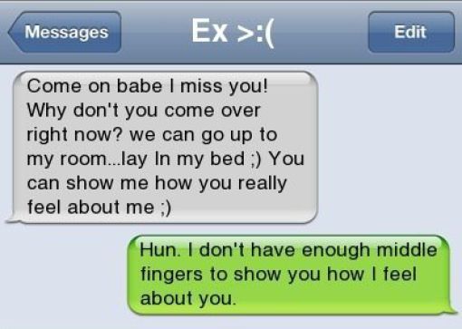 funny text for ex - Messages Ex > Edit Come on babe I miss you! Why don't you come over right now? we can go up to my room...lay In my bed You can show me how you really feel about me Hun. I don't have enough middle fingers to show you how I feel about yo