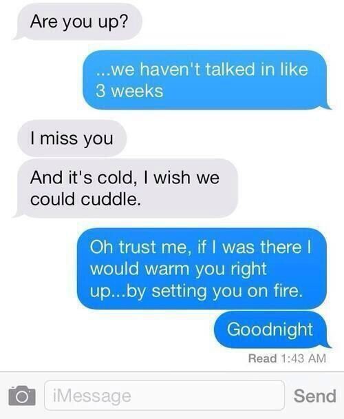 funny relatable texts - Are you up? ...we haven't talked in 3 weeks I miss you And it's cold, I wish we could cuddle. Oh trust me, if I was there would warm you right up...by setting you on fire. Goodnight Read iMessage Send