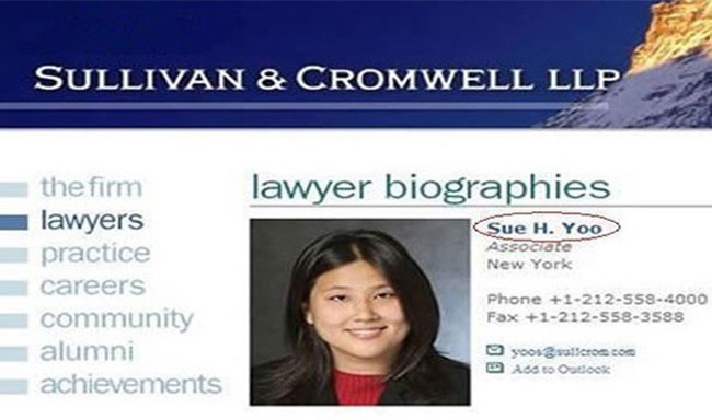 funny unfortunate names - Sullivan & Cromwell Llp lawyer biographies Sue H. Yoo Associate New York the firm lawyers practice careers community alumni achievements Phone 12125584000 Fax 12125583588 yoos salico.com As to Outlook