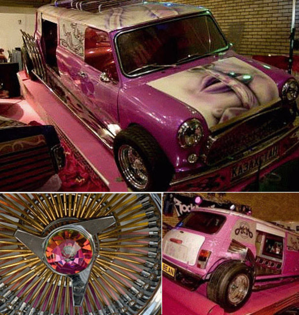 The most expensive Mini Cooper in the world is pink. The Million Euro Mini is owned by Princess Regina Abdurazakova of Kazakhstan. It is fitted with a 47 inch TV screen, 70 TFT monitors, 30 parking sensors, and 20 parking cameras. The body is covered in over one million tiny Swarovski crystals. Each wheel has an eight centimeter crystal in the middle. The window films are made up of about 50 grams of pure gold. The Mini cost about one million Euros or 1.35 million US.