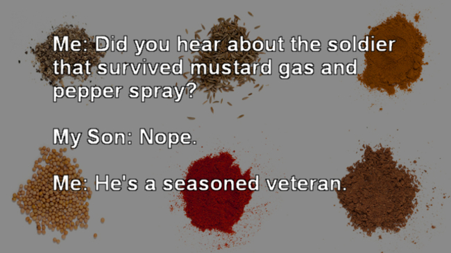 Dad joke - Me Did you hear about the soldier that survived mustard gas and pepper spray? My Son Nope. Me He's a seasoned veteran.