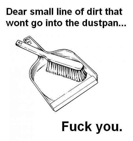 dust pan funny - Dear small line of dirt that wont go into the dustpan... Fuck you.