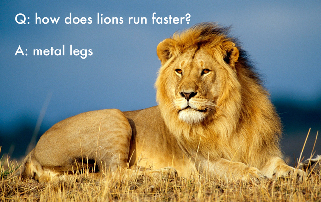 kids write jokes - Q how does lions run faster? A metal legs