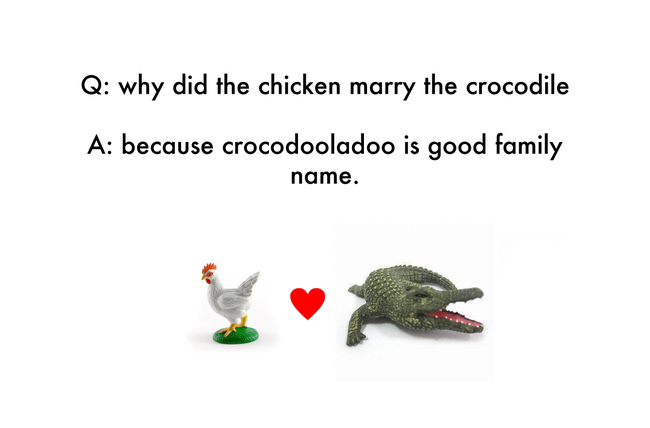 funny jokes for 7 year olds - Q why did the chicken marry the crocodile A because crocodooladoo is good family name.