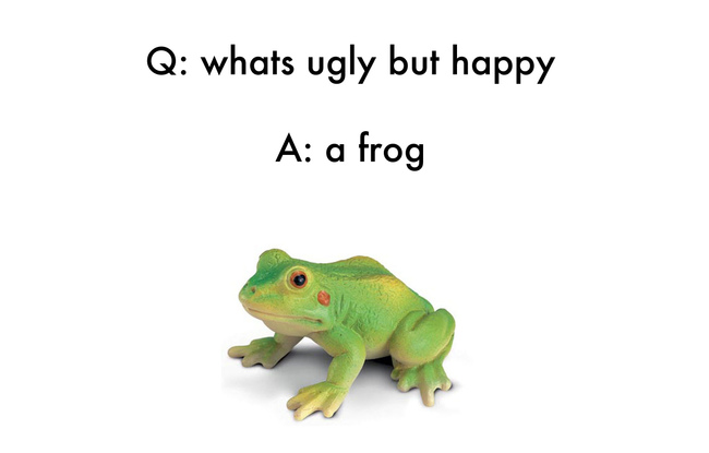 jokes written by kids - Q whats ugly but happy A a frog