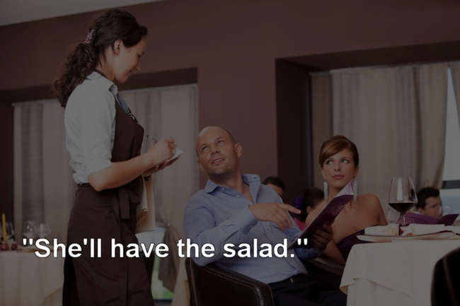 waitress taking order from couple - "She'll have the salad."