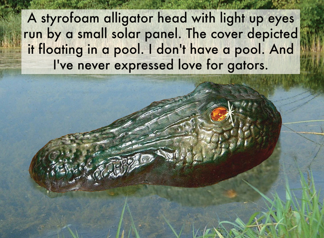 worst christmas presents ever - A styrofoam alligator head with light up eyes run by a small solar panel. The cover depicted it floating in a pool. I don't have a pool. And I've never expressed love for gators.