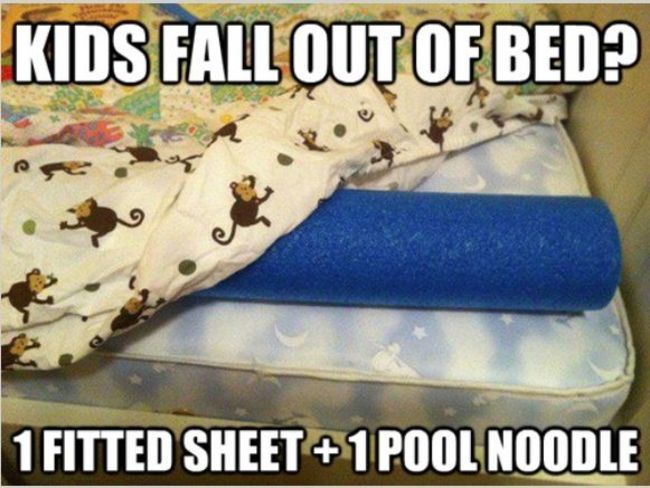 Use a pool noodle under a fitted sheet to keep your child from falling out of the bed. This is especially helpful if they have bunk beds.
