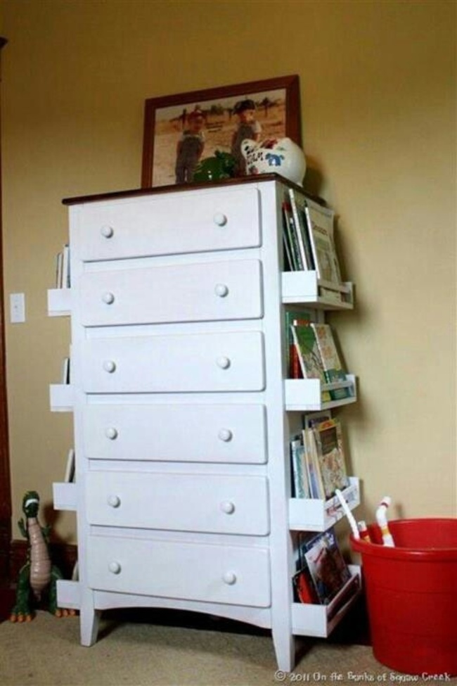 Turn old drawers into bookshelves to save room and prevent clutter.