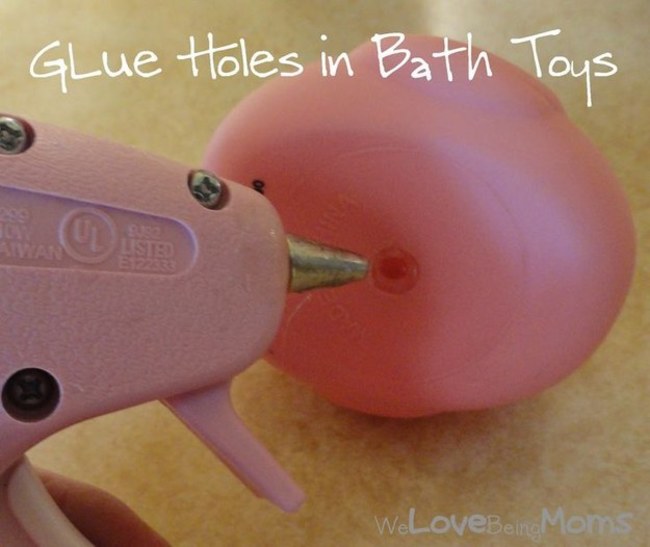Use a hot glue gun to seal bath toys so they don't mold.