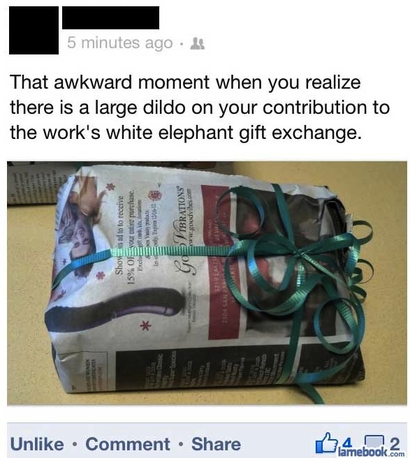 5 minutes ago. That awkward moment when you realize there is a large dildo on your contribution to the work's white elephant gift exchange. Shoveis ad to to receive 15% On your entire purchase. Vita Excitando only In Itbrations Cicibrations go Un Comment…