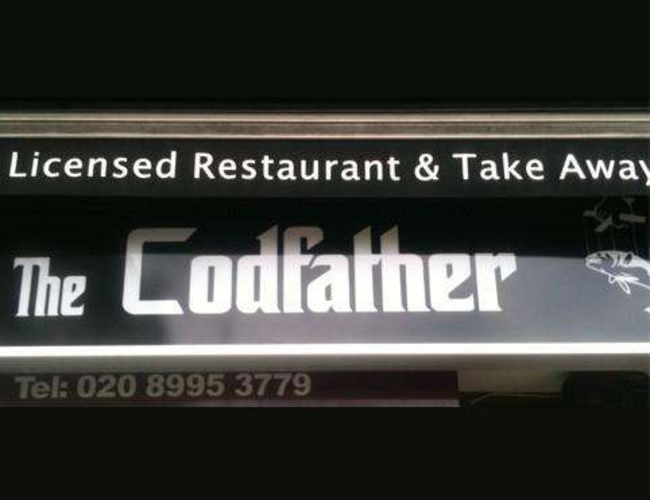 vehicle registration plate - Licensed Restaurant & Take Away The Codfather Tel 020 8995 3779