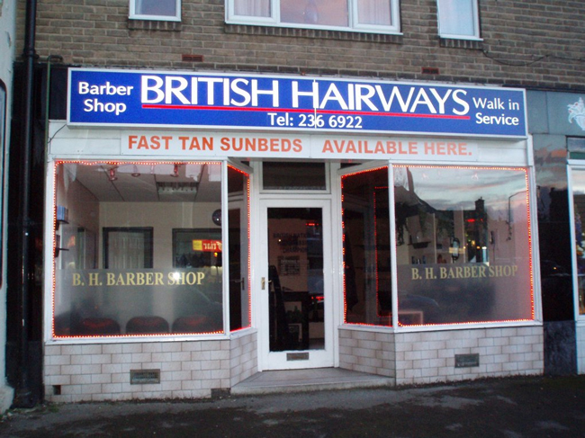 business name puns - Barber British Hairways Walk in Shop Tel 236 6922 Service Fast Tan Sunbeds Available Here. _iLin B. H. Barber Shop B. H. Barber Shop