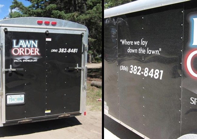 business pun - Lawn Order "Where we lay down the lawn." . 306 3828481 Special Sprinklerunt 306 3828481 154 Hhv