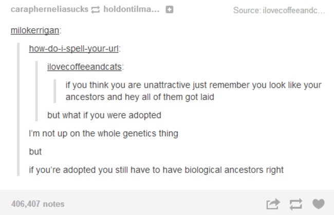 tumblr - document - carapherneliasucks holdontilma... Source ilovecoffeeandc... milokerrigan howdoispellyoururl ilovecoffeeandcats if you think you are unattractive just remember you look your ancestors and hey all of them got laid but what if you were ad