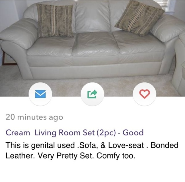 floor - 20 minutes ago Cream Living Room Set 2pc Good This is genital used .Sofa, & Loveseat. Bonded Leather. Very Pretty Set. Comfy too.